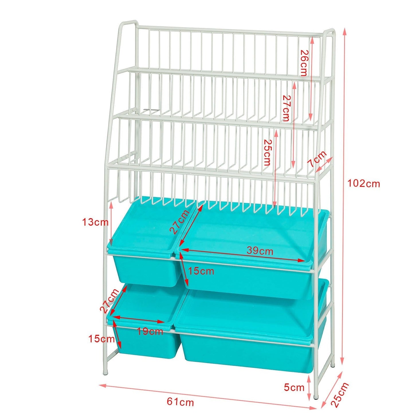 SoBuy Opbergrek voor Kinderen - Met boekenkast - Max. 50 kg - 61 x 25 x 102 cm - Blauw / Wit