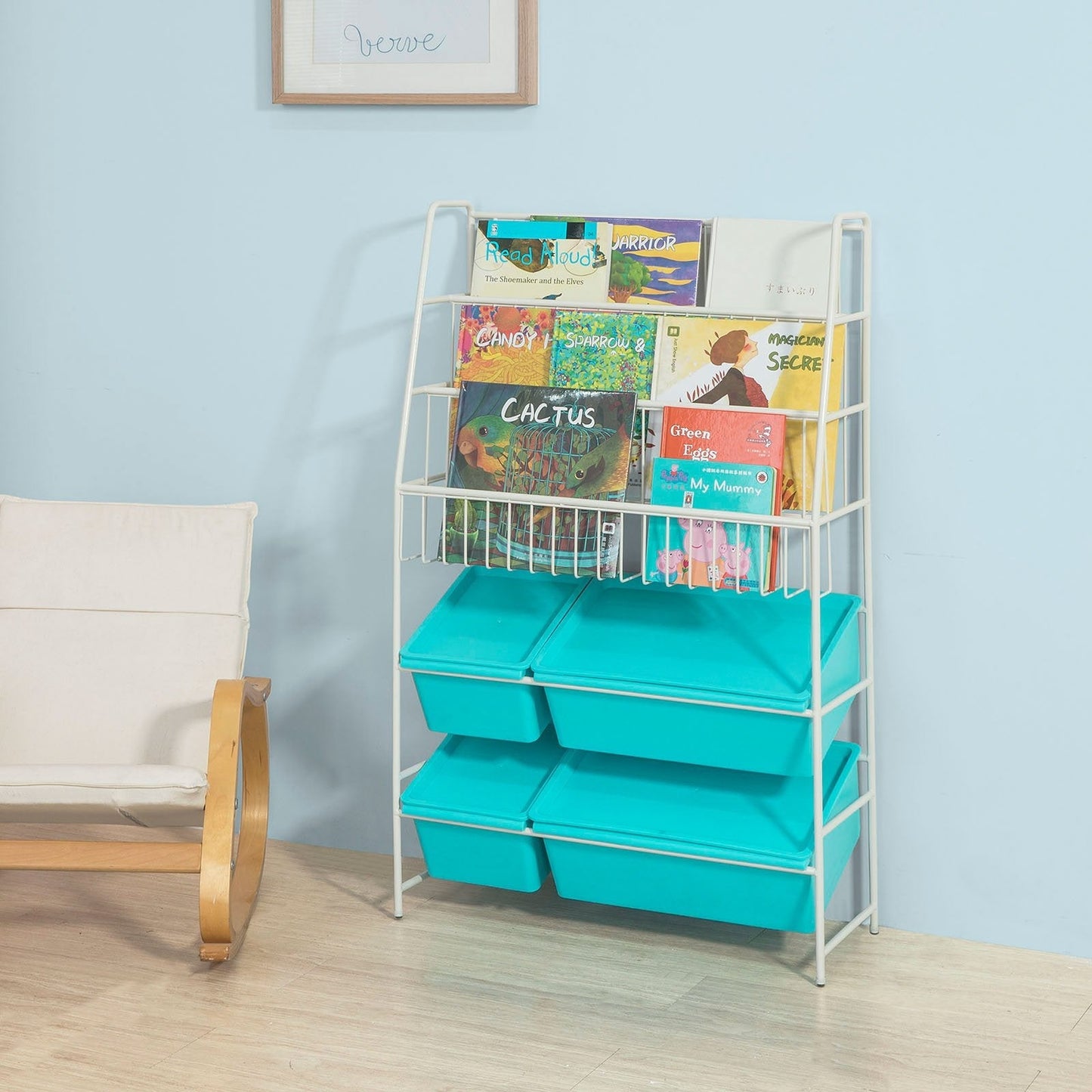SoBuy Opbergrek voor Kinderen - Met boekenkast - Max. 50 kg - 61 x 25 x 102 cm - Blauw / Wit