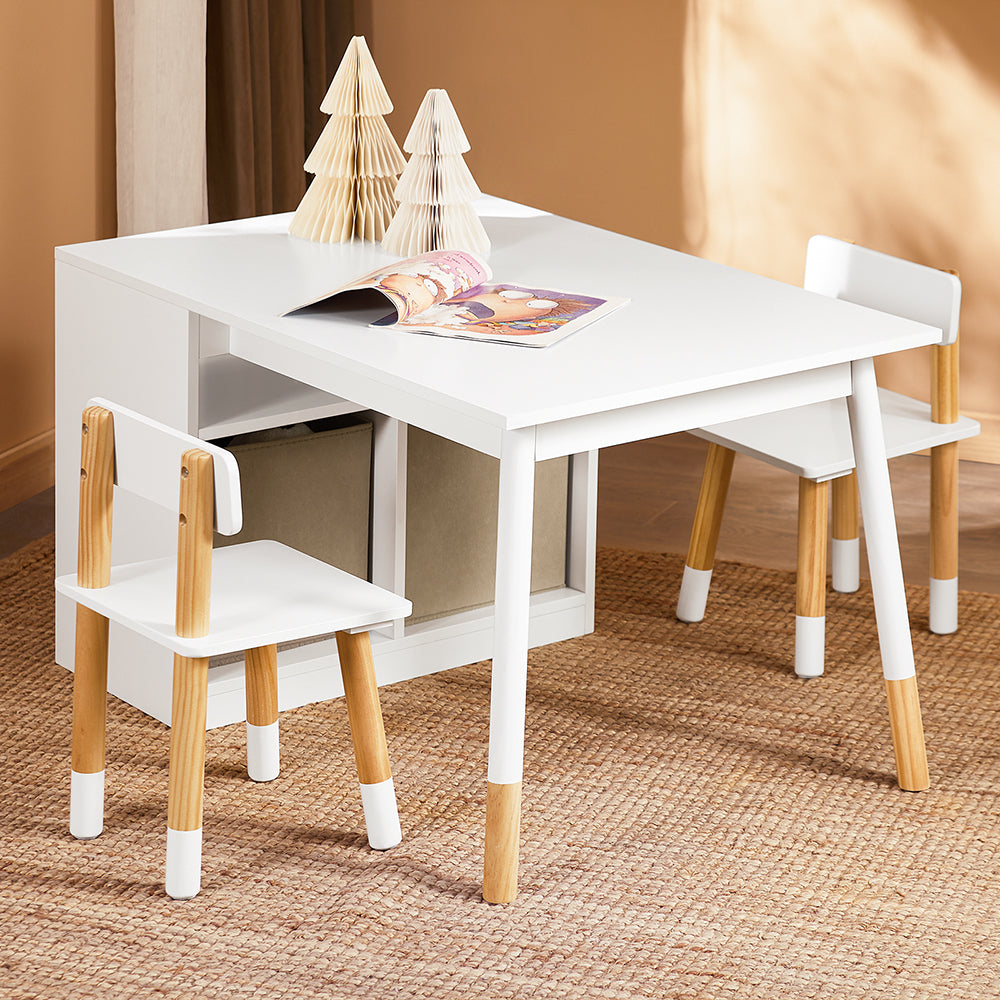 Kinder Teken- en Speelset met Tafel en 2 Stoelen – Inclusief Opbergvakken – Wit – SoBuy KMB113-W