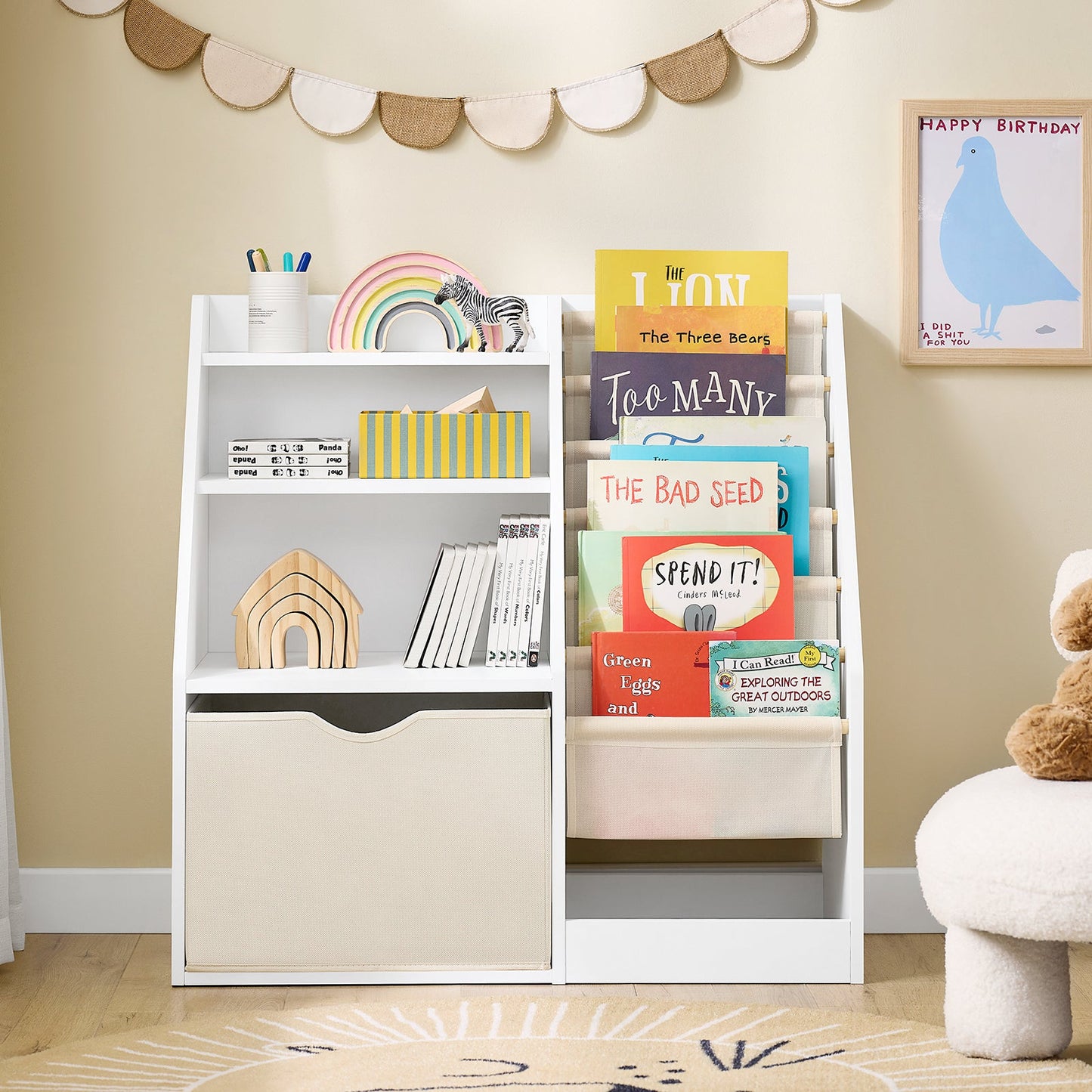 SoBuy KMB119-W Montessori Kinderboekenkast 3 niveaus met opbergruimte en stoffen manden, wit, 80 x 40 x 80 cm