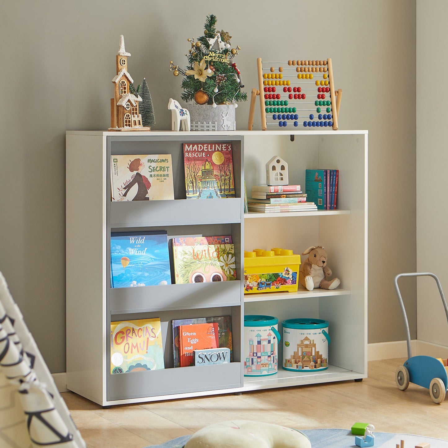 SoBuy Boekenkast voor Kinderen - Max. 95 kg - 119 x 39 x 116 cm - Wit / Grijs