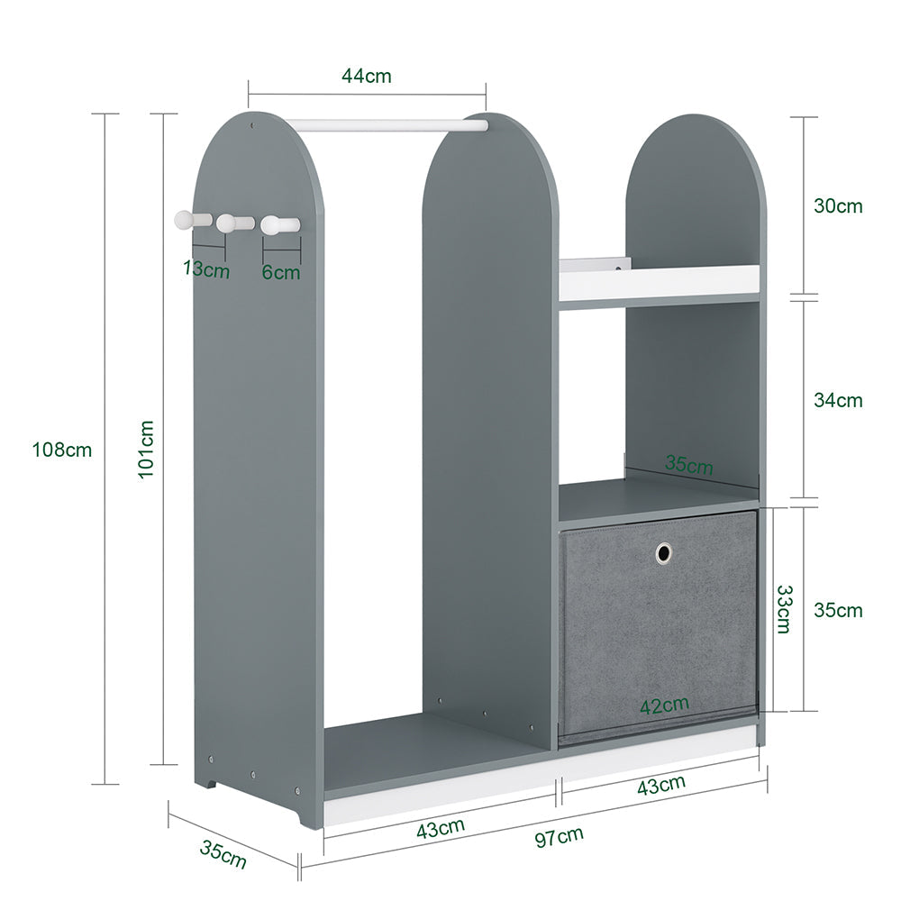 SoBuy KMB40-HG Kindergarderobe 97x35x108 cm Grijs – Kinderkapstok met 3 Haken, Opbergplanken en Mandje