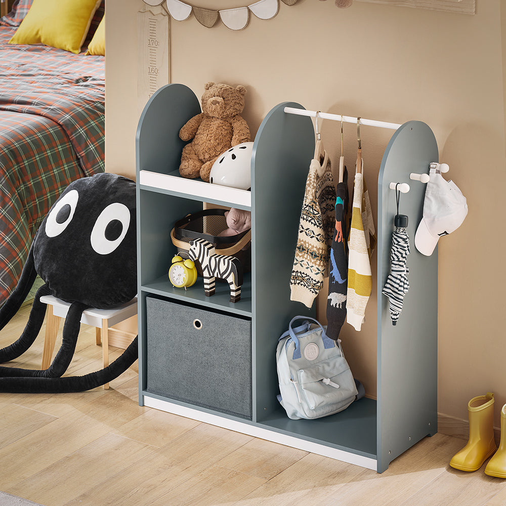 SoBuy KMB40-HG Kindergarderobe 97x35x108 cm Grijs – Kinderkapstok met 3 Haken, Opbergplanken en Mandje