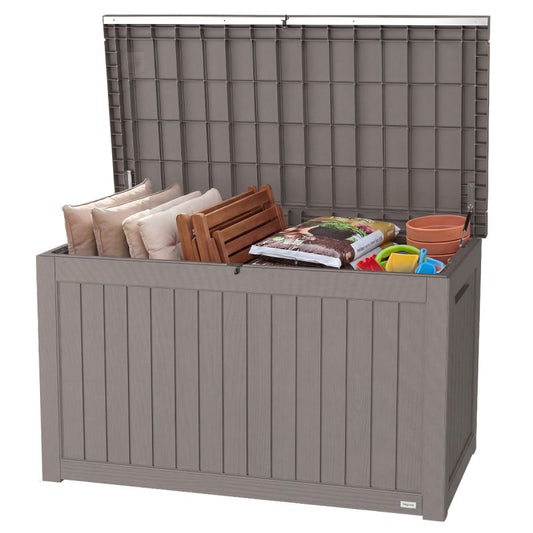 LifeGoods Kussenbox XL - 870L - Kunststof Houtlook - Grijs - Extra Groot Formaat