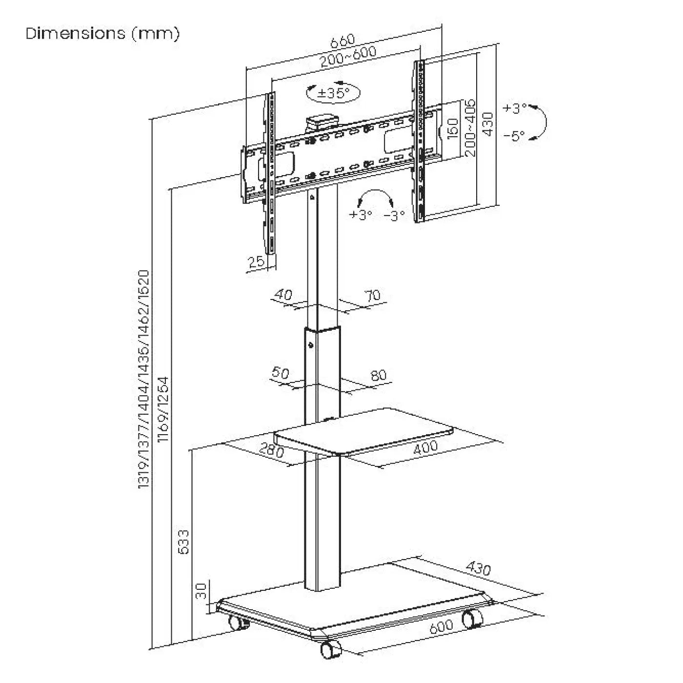 VDD TV Standaard - Verrijdbaar - Draaibaar - 37 tot 75 Inch - 40 x 66 x 152 cm - Zwart