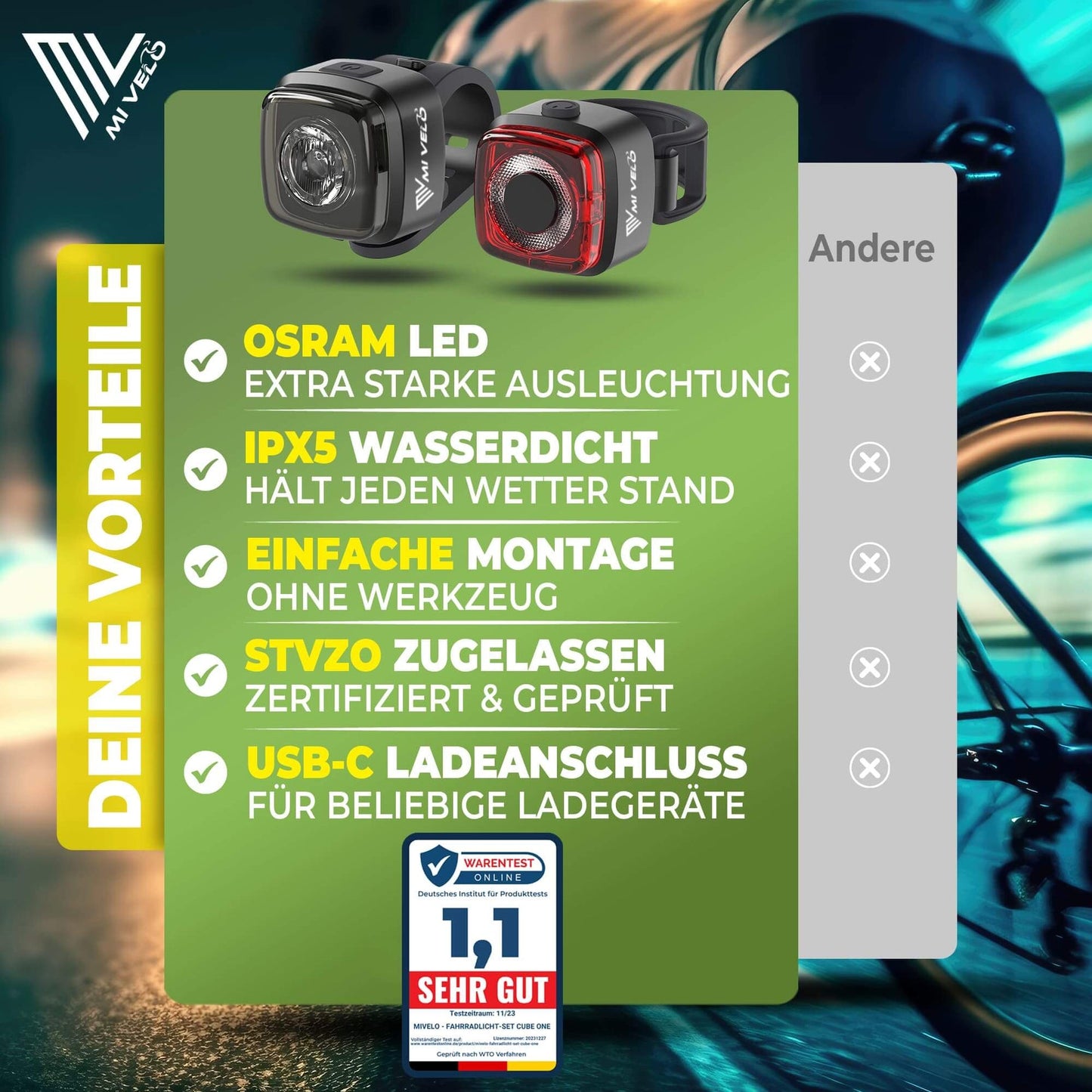 MIVELO Fietsverlichtingsset Cube One LED – USB Oplaadbaar - StVZO-goedgekeurd