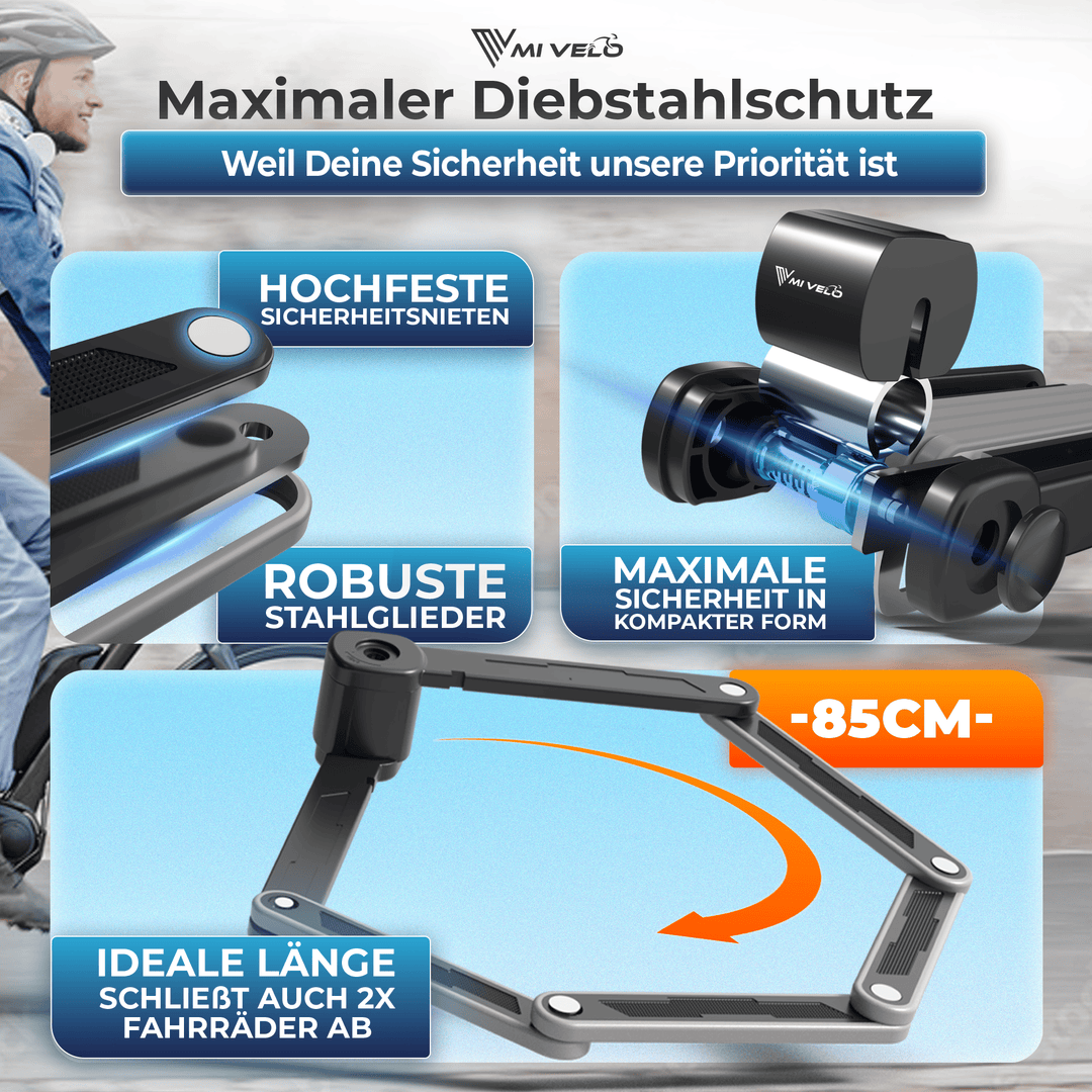 MIVELO fietsslot vouwslot hoge veiligheid 85cm lang I Fietsslot met sleutel incl. houder I Ideaal voor e-bike, MTB & racefiets I Fietsslot (sleutel, 85 CM)