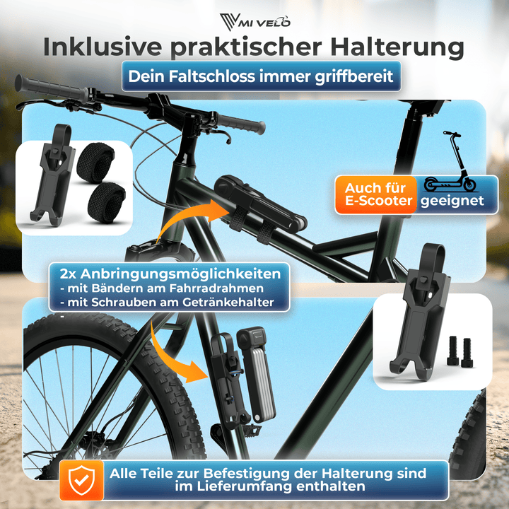 MIVELO fietsslot vouwslot hoge veiligheid 85cm lang I Fietsslot met sleutel incl. houder I Ideaal voor e-bike, MTB & racefiets I Fietsslot (sleutel, 85 CM)