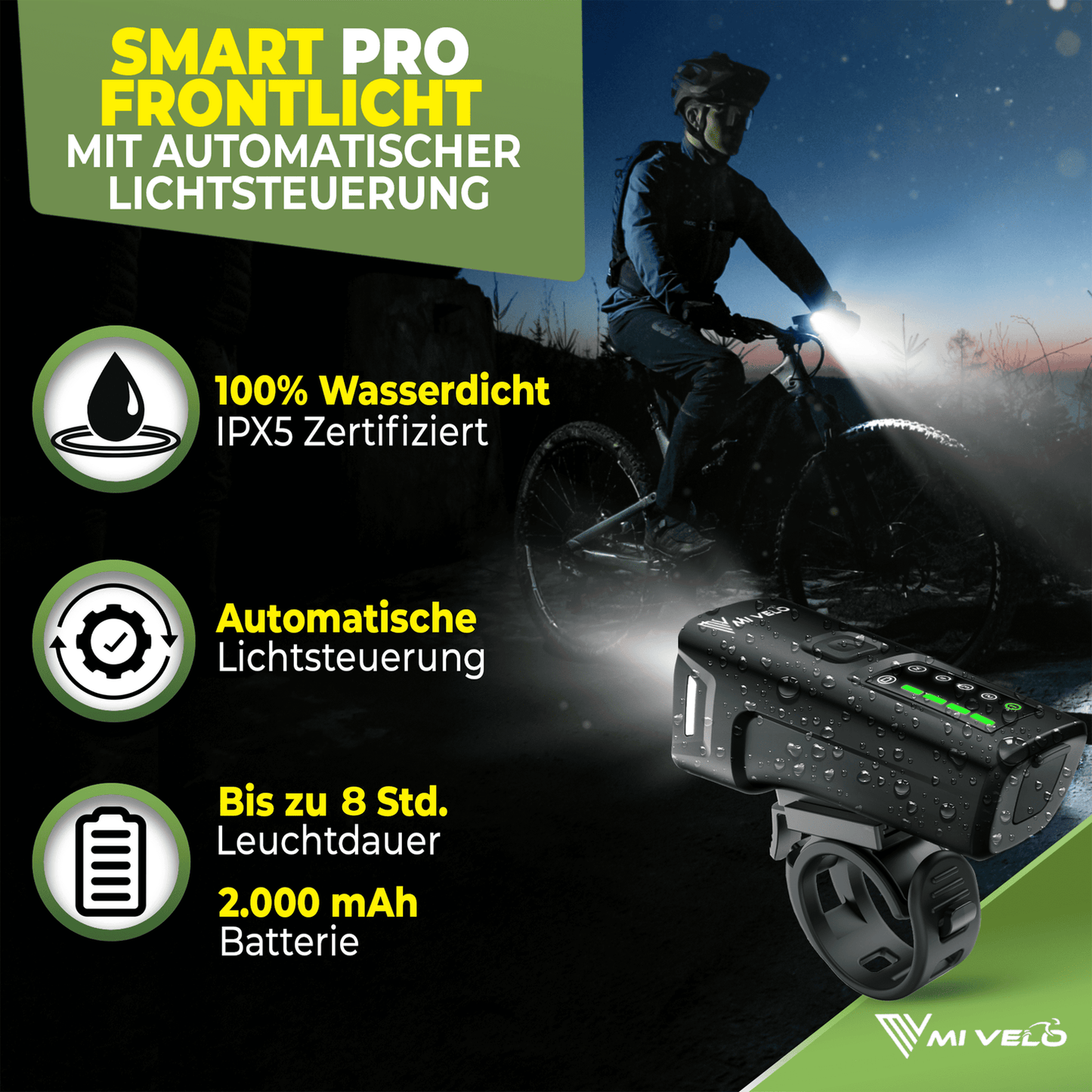 Mivelo Fietsverlichtingsset - StVZO-goedgekeurd - USB-oplaadbaar - 100% waterdicht - LED voor- en achterlicht - Met remlichtfunctie (SMART PRO)