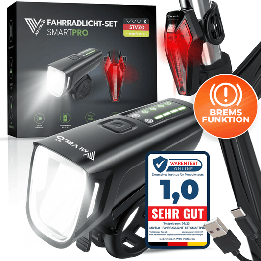 Mivelo fietsverlichtingsset LED "SMART PRO" met remfunctie & USB oplaadbaar