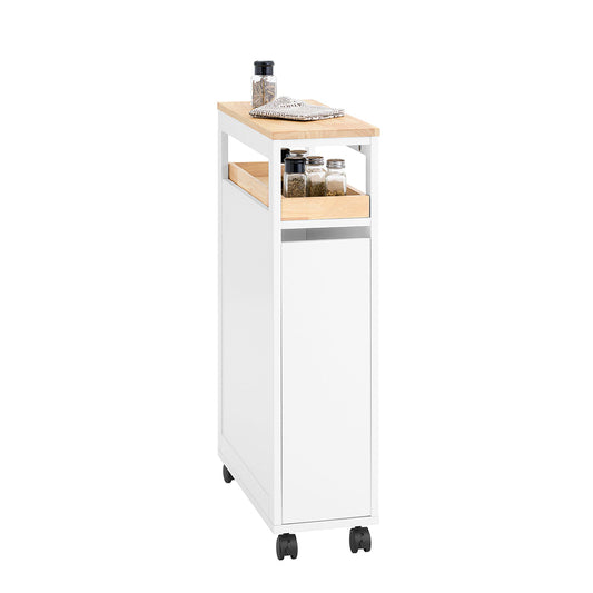 SoBuy NSR11-WN Smalle Rollende Plankenkast van Hout 20x51x79 cm - Praktische Keuken- en Badkamerwagen op Wieltjes in Wit Natuurhoutlook
