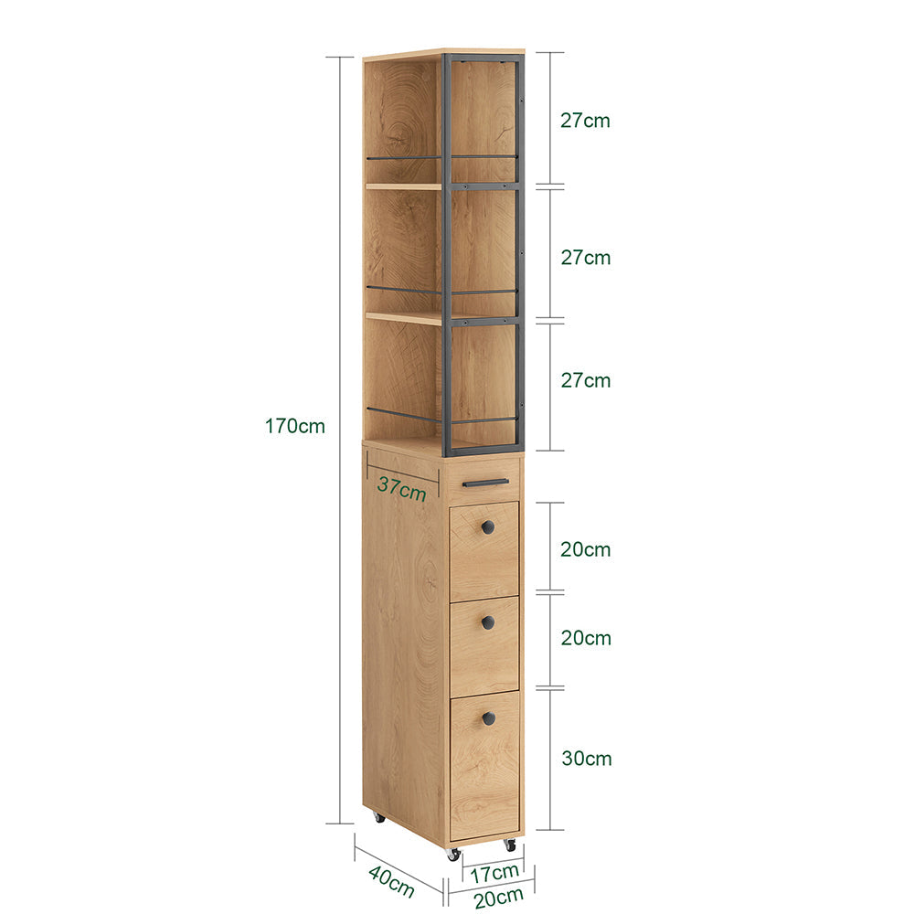 SoBuy NSR13-N Smalle Keukenkast op Wieltjes – 40x20x170 cm – Houtkleur met Zwart Metaal