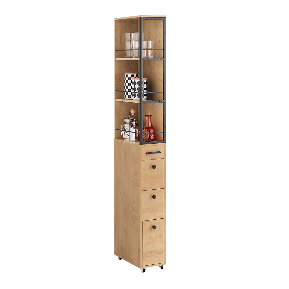 SoBuy NSR13-N Smalle Keukenkast op Wieltjes – 40x20x170 cm – Houtkleur met Zwart Metaal