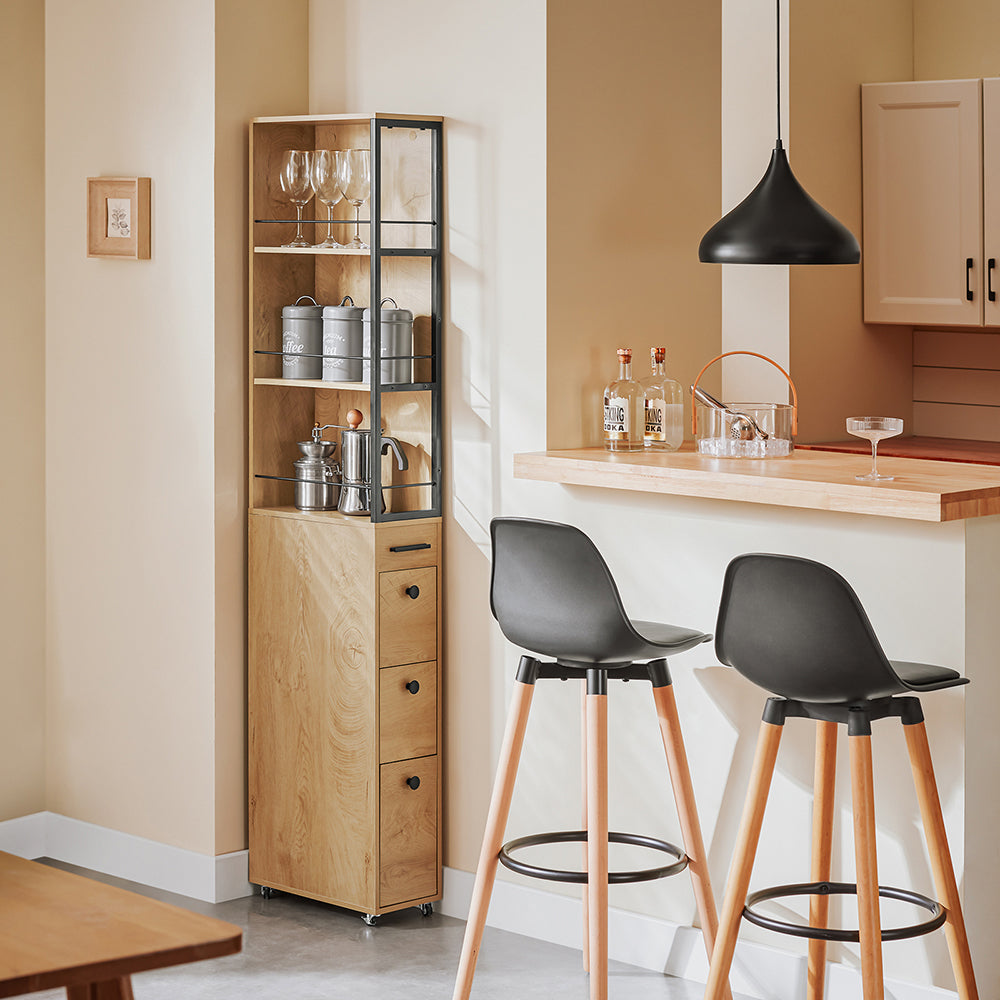 SoBuy NSR13-N Smalle Keukenkast op Wieltjes – 40x20x170 cm – Houtkleur met Zwart Metaal