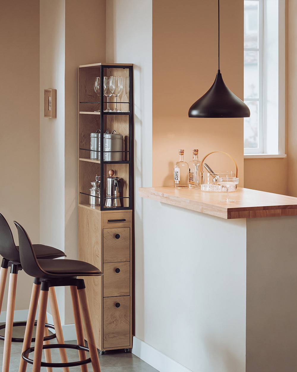SoBuy NSR13-N Smalle Keukenkast op Wieltjes – 40x20x170 cm – Houtkleur met Zwart Metaal