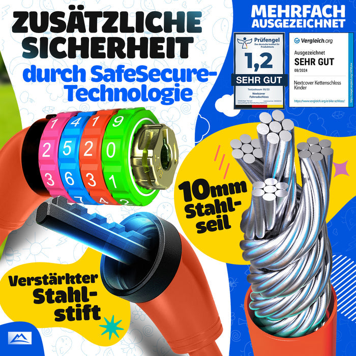 NEXTCOVER® Kinderfietsslot met 4-cijferige cijfercode I Kinderfietsslot - Ideaal voor scooters, fietsen & meer I Combinatieslot fiets met kleurrijke cijfers - Scooterslot Extra robuust & veilig