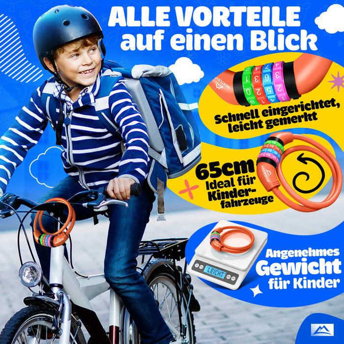 NEXTCOVER® Kinderfietsslot met 4-cijferige cijfercode I Kinderfietsslot - Ideaal voor scooters, fietsen & meer I Combinatieslot fiets met kleurrijke cijfers - Scooterslot Extra robuust & veilig