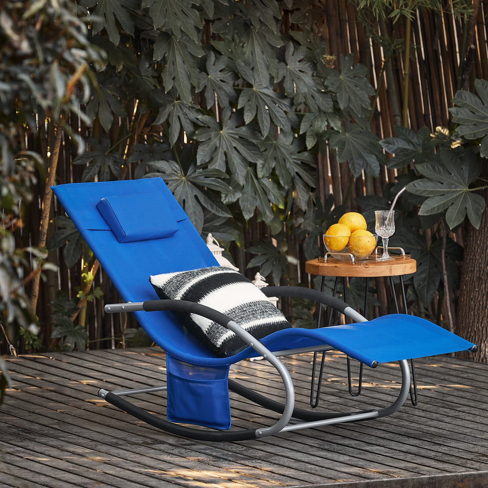 SoBuy Ligstoel OGS28-KB - Met Schommelpoten en Hoofdkussen - 150 x 63 x 83 cm - Blauw