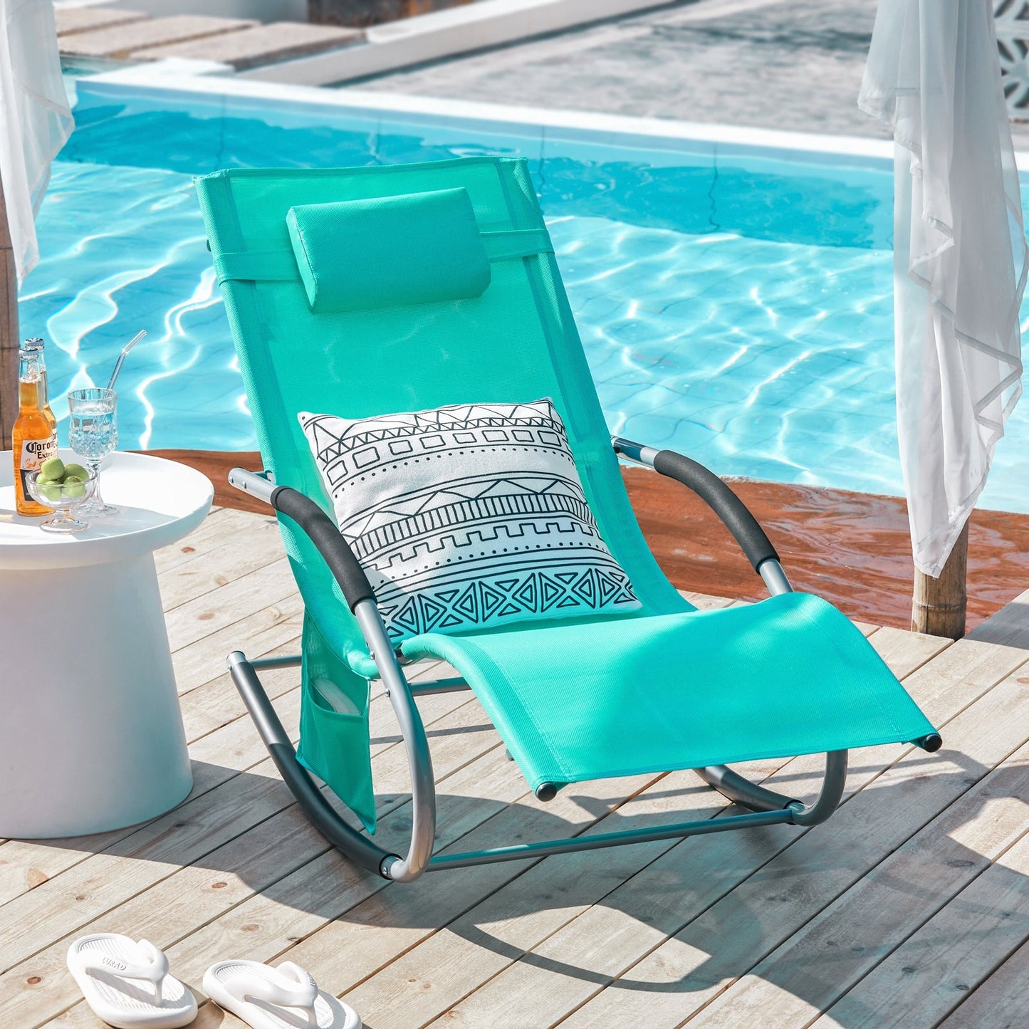 SoBuy Ligstoel OGS28-TB - Met Schommelpoten en Hoofdkussen - 150 x 63 x 83 cm - Groen
