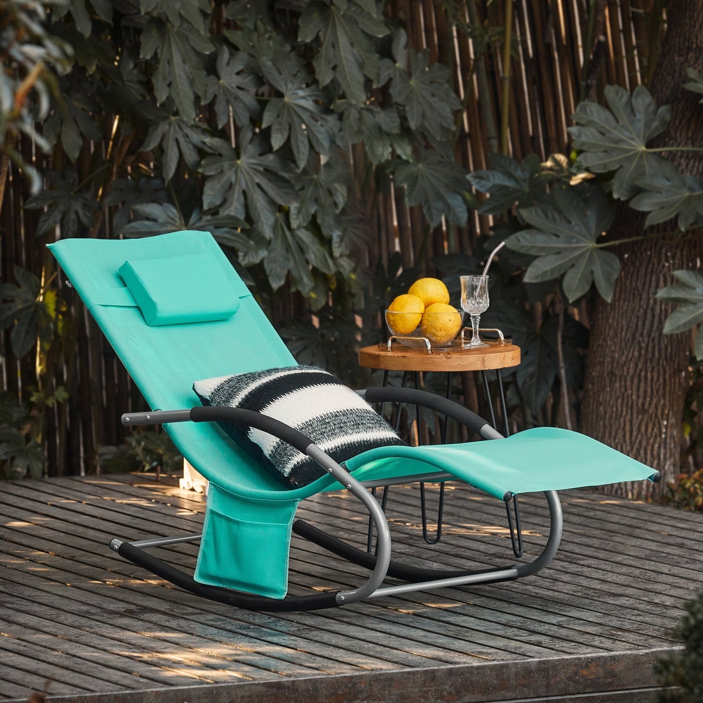 SoBuy Ligstoel OGS28-TB - Met Schommelpoten en Hoofdkussen - 150 x 63 x 83 cm - Groen