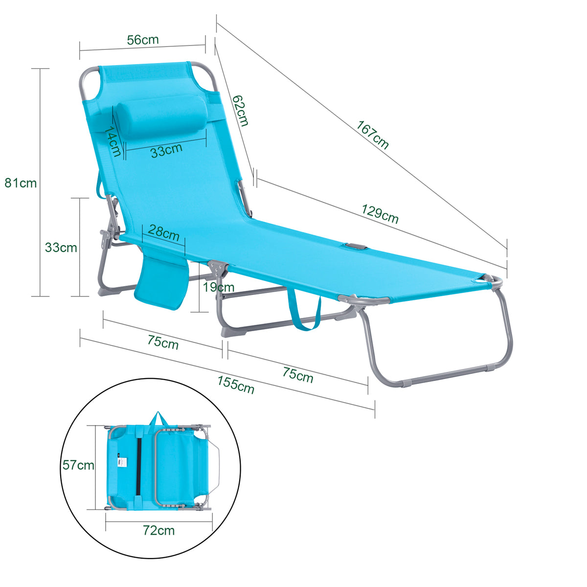 SoBuy Ligstoel Blauw – Opvouwbare Verstelbare Tuinligstoel met Hoofdsteun en Opbergzak – 57 x 72 x 14 cm Ingeklapt