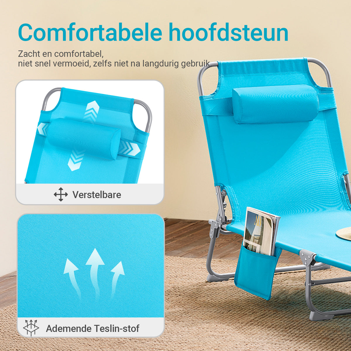 SoBuy Ligstoel Blauw – Opvouwbare Verstelbare Tuinligstoel met Hoofdsteun en Opbergzak – 57 x 72 x 14 cm Ingeklapt
