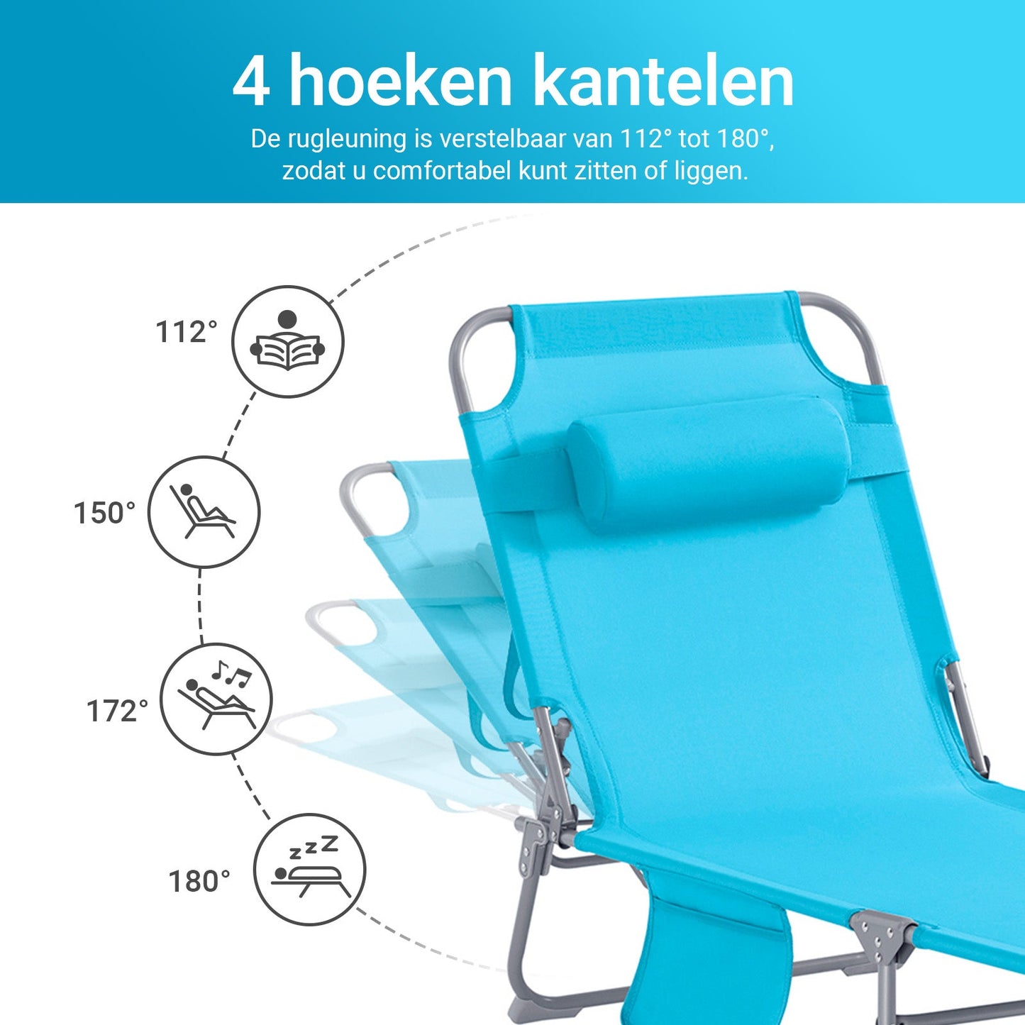 SoBuy Ligstoel Blauw – Opvouwbare Verstelbare Tuinligstoel met Hoofdsteun en Opbergzak – 57 x 72 x 14 cm Ingeklapt
