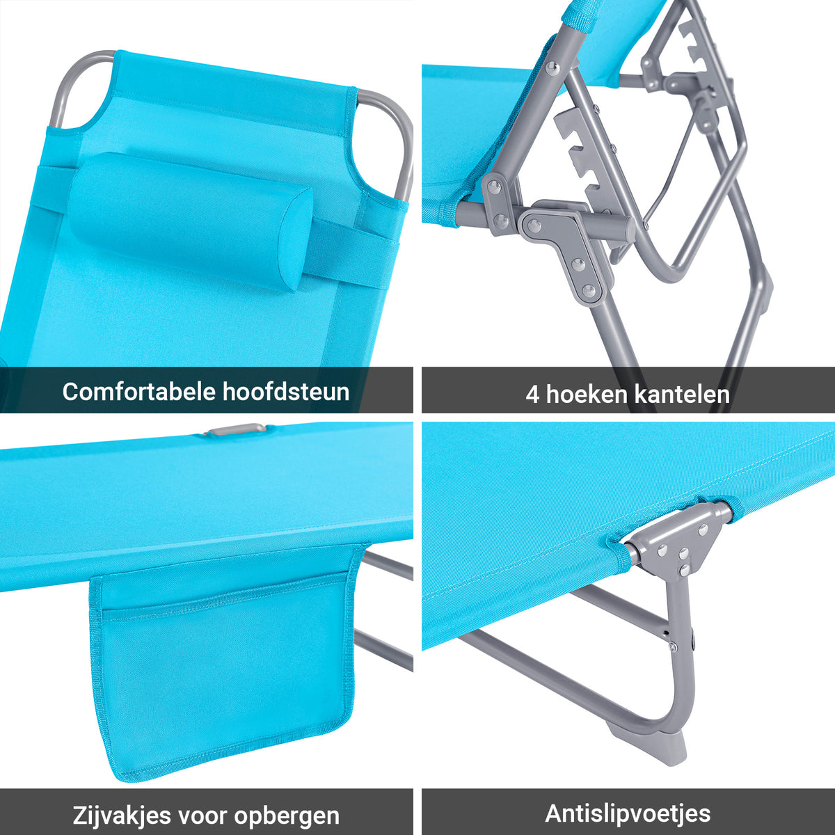 SoBuy Ligstoel Blauw – Opvouwbare Verstelbare Tuinligstoel met Hoofdsteun en Opbergzak – 57 x 72 x 14 cm Ingeklapt