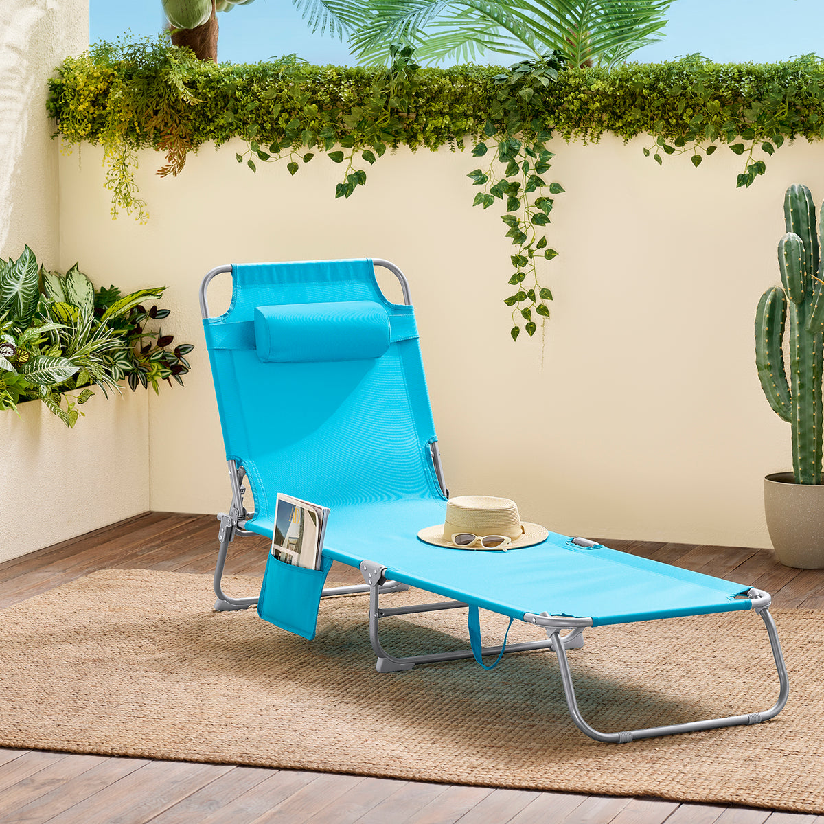 SoBuy Ligstoel Blauw – Opvouwbare Verstelbare Tuinligstoel met Hoofdsteun en Opbergzak – 57 x 72 x 14 cm Ingeklapt