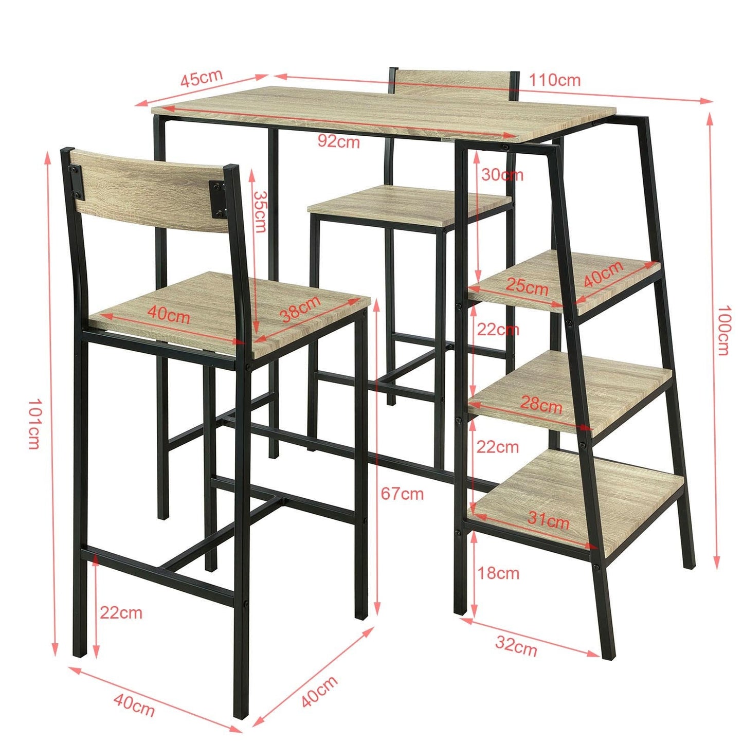 SoBuy Bartafel - OGT16-N - Set 3-delig - 110 x 100 x 45 cm