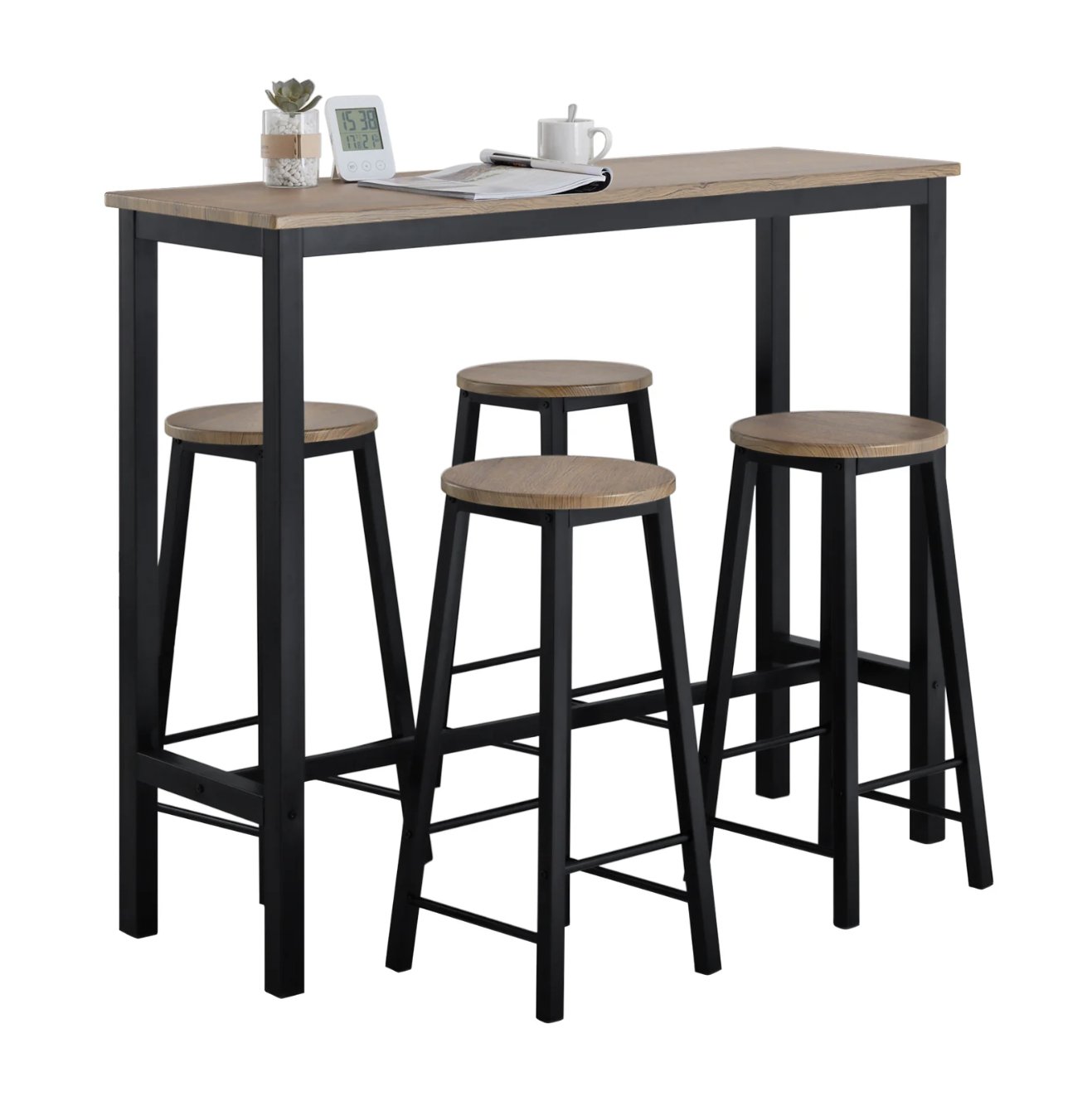 SoBuy Bartafel met 4 Krukken - Max. 150 kg - Industrieel - 120 x 40 x 100 cm - Bruin / Zwart