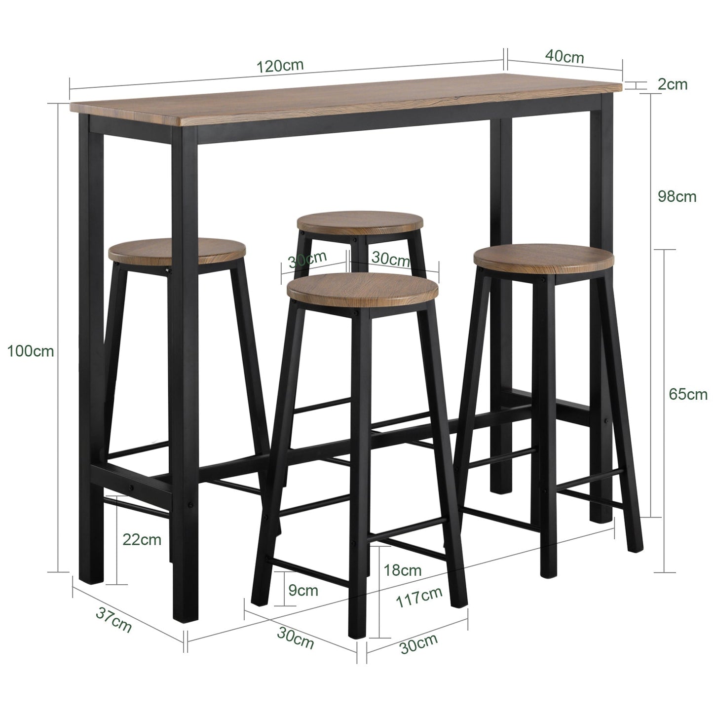SoBuy Bartafel met 4 Krukken - Max. 150 kg - Industrieel - 120 x 40 x 100 cm - Bruin / Zwart