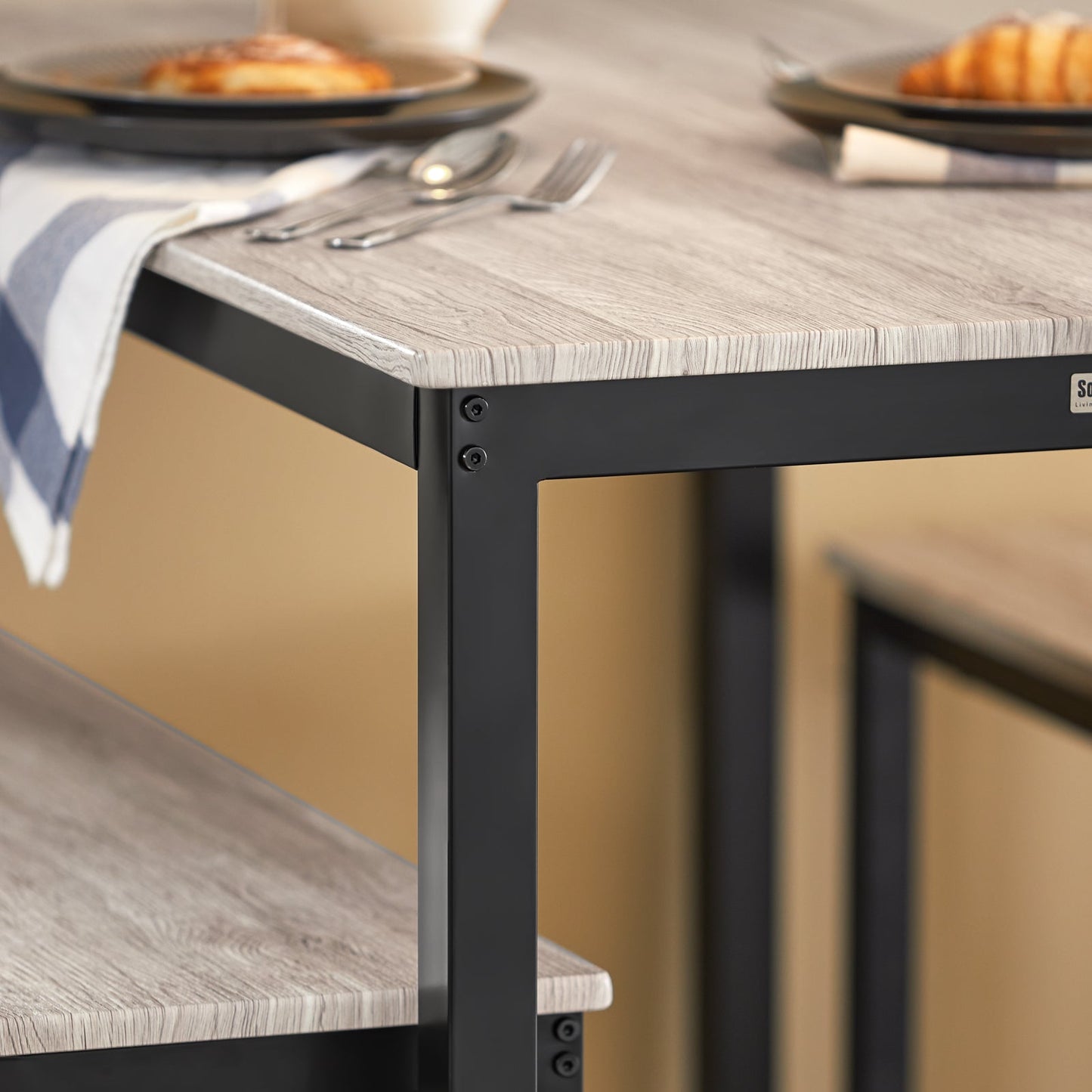 SoBuy 3-Delige Eettafelset OGT25-HN - 2 Banken 1 Eettafel - MDF met Metalen Poten - 110 x 74 x 58 cm - Natuur/Zwart