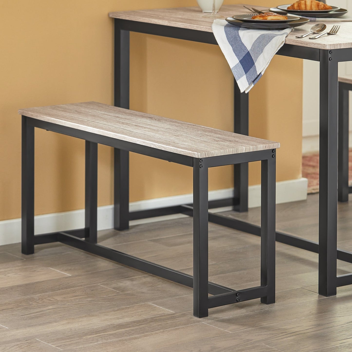 SoBuy 3-Delige Eettafelset OGT25-HN - 2 Banken 1 Eettafel - MDF met Metalen Poten - 110 x 74 x 58 cm - Natuur/Zwart