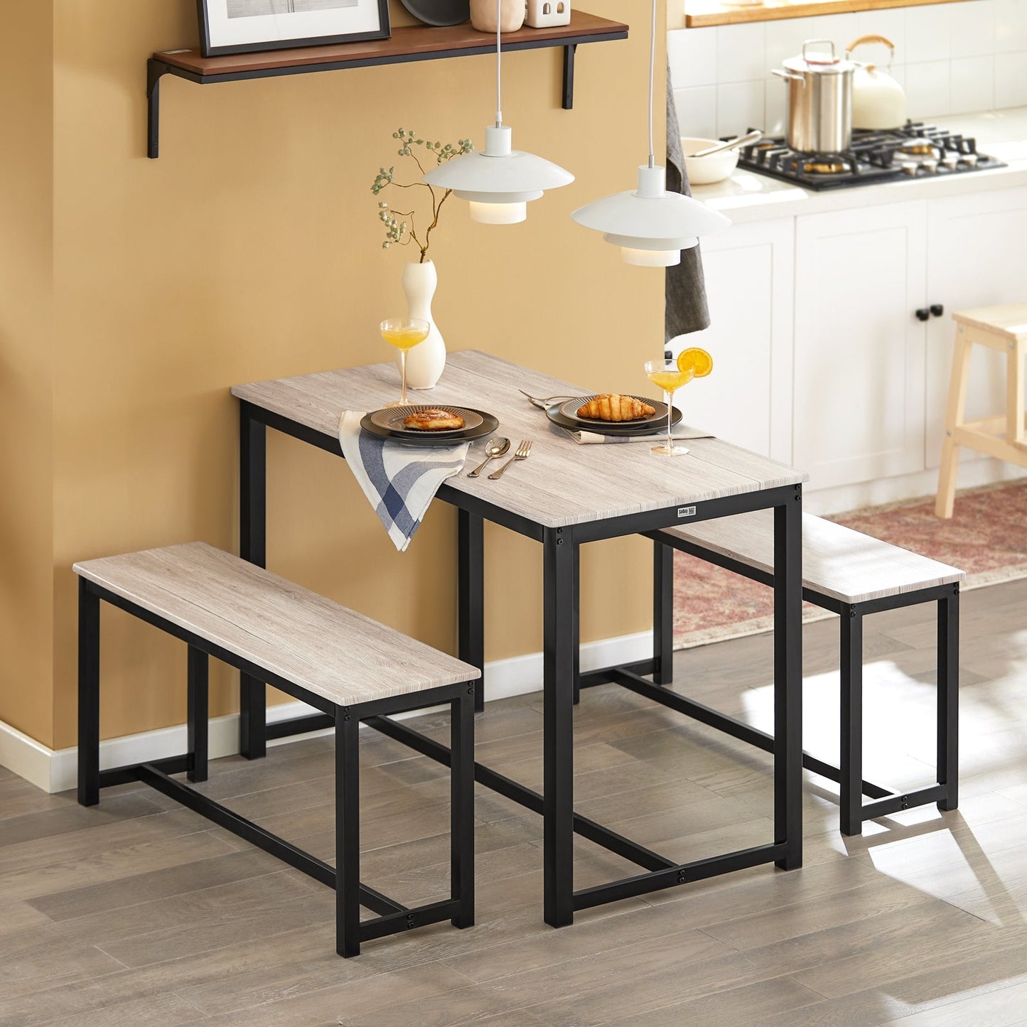 SoBuy 3-Delige Eettafelset OGT25-HN - 2 Banken 1 Eettafel - MDF met Metalen Poten - 110 x 74 x 58 cm - Natuur/Zwart