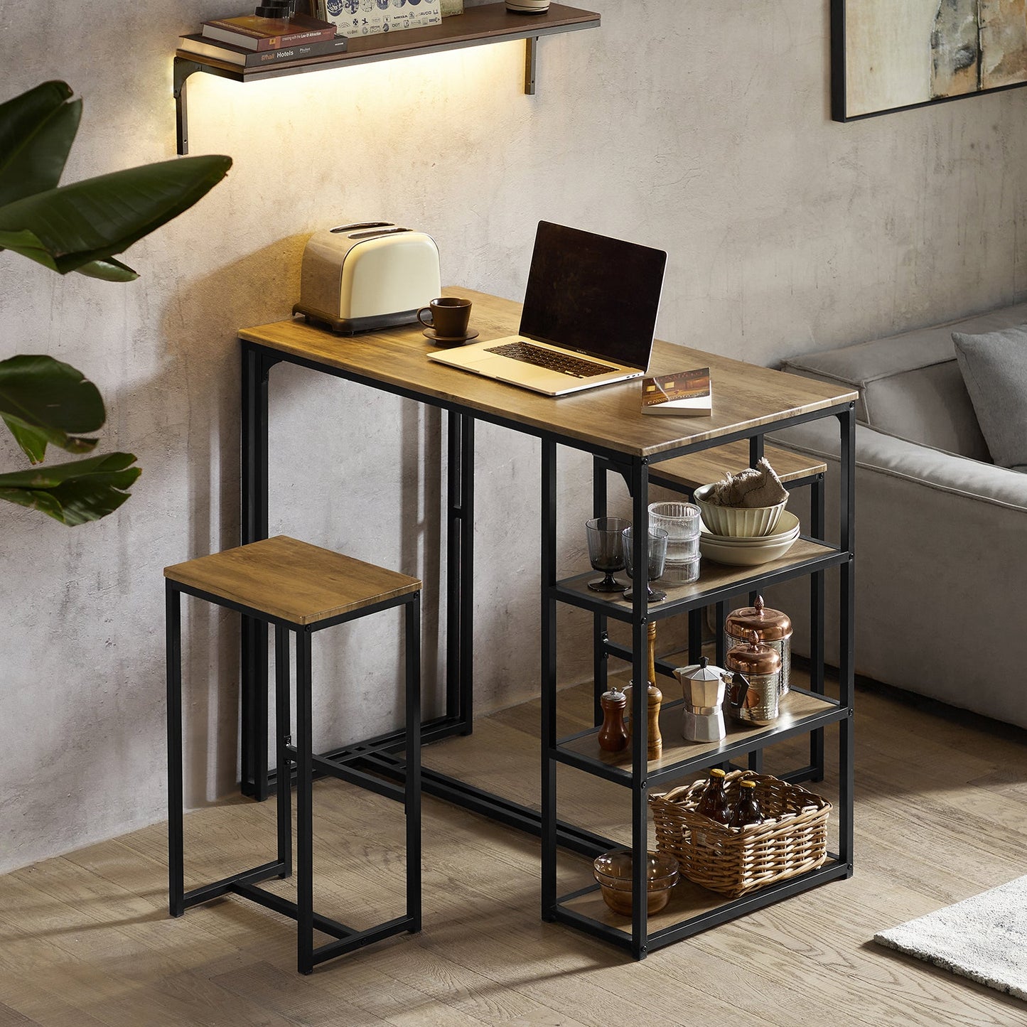 SoBuy OGT43-F Keukentafelset - Bruin Hoge Bartafel met Krukken