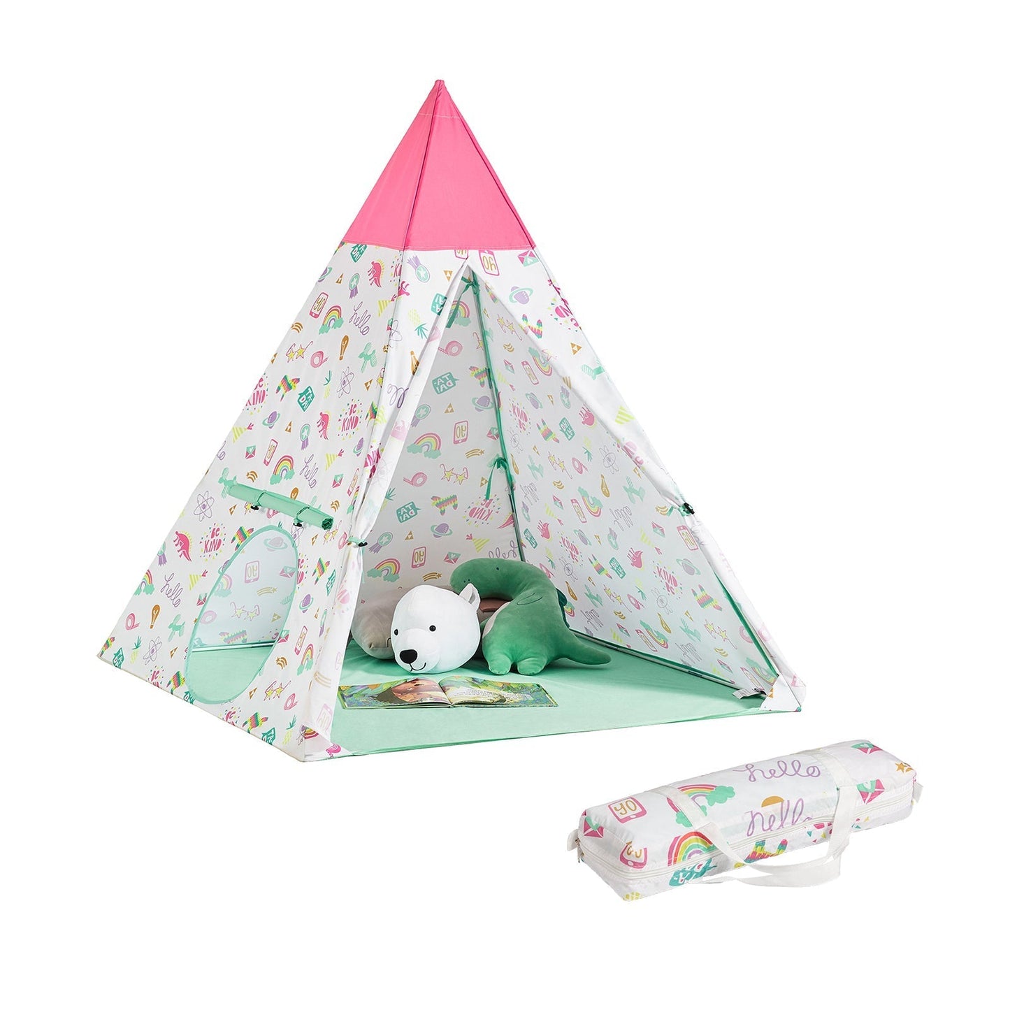 SoBuy OSS06 - Tipi Speeltent voor Kinderen - Met Draagtas - 133 x 133 x 153 cm - Wit/Roze