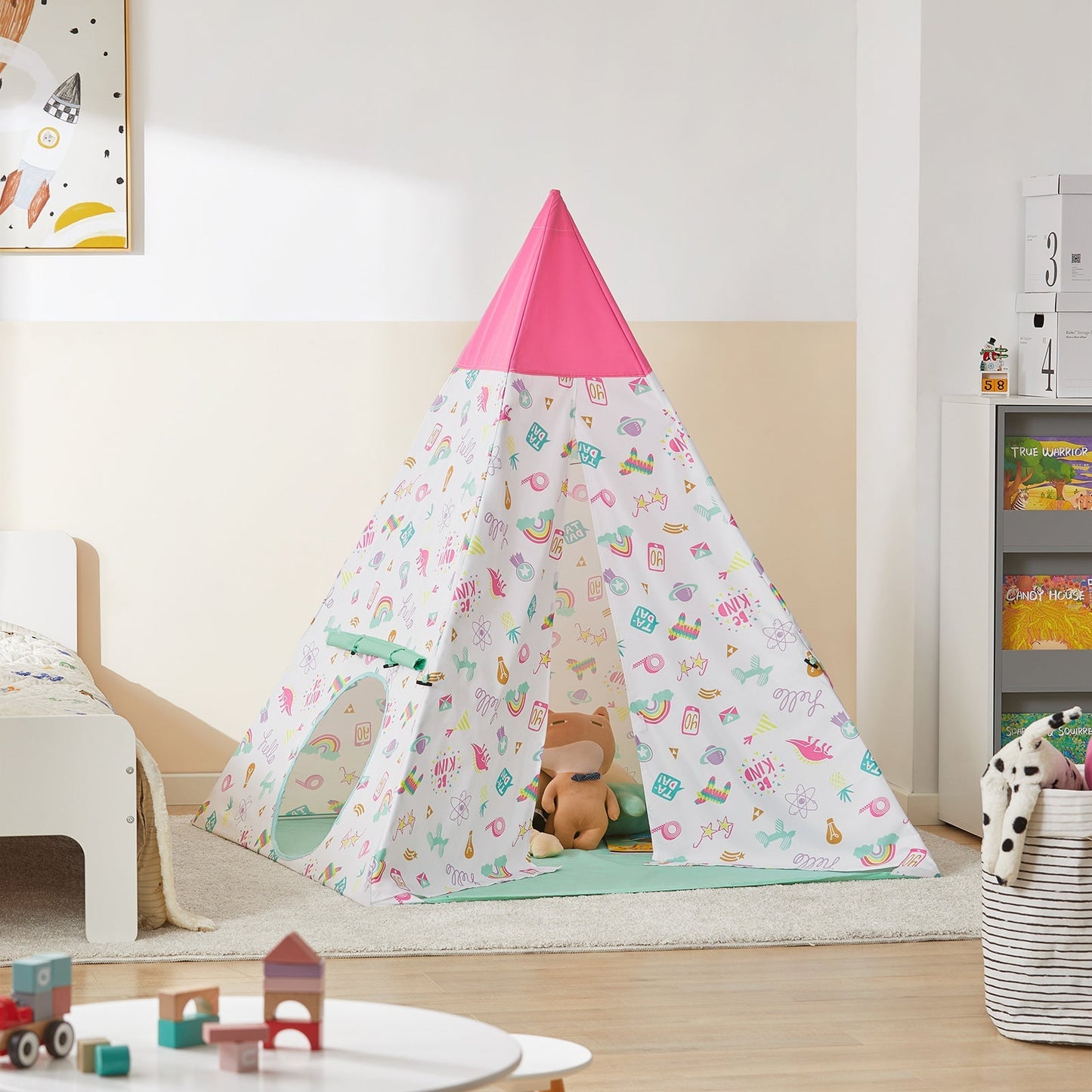SoBuy OSS06 - Tipi Speeltent voor Kinderen - Met Draagtas - 133 x 133 x 153 cm - Wit/Roze