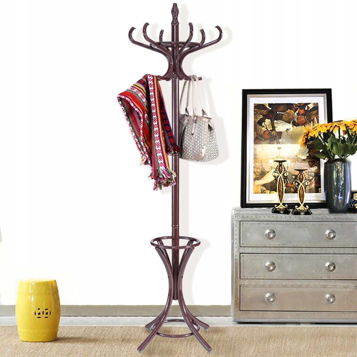 Coast Kapstok met Parapluhouder en 12 haken - 51 x 51 x 184 cm - Bruin