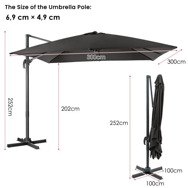 Coast Zweefparasol Zwart – 300 x 300 cm – 360° Draaibaar en Kantelbaar