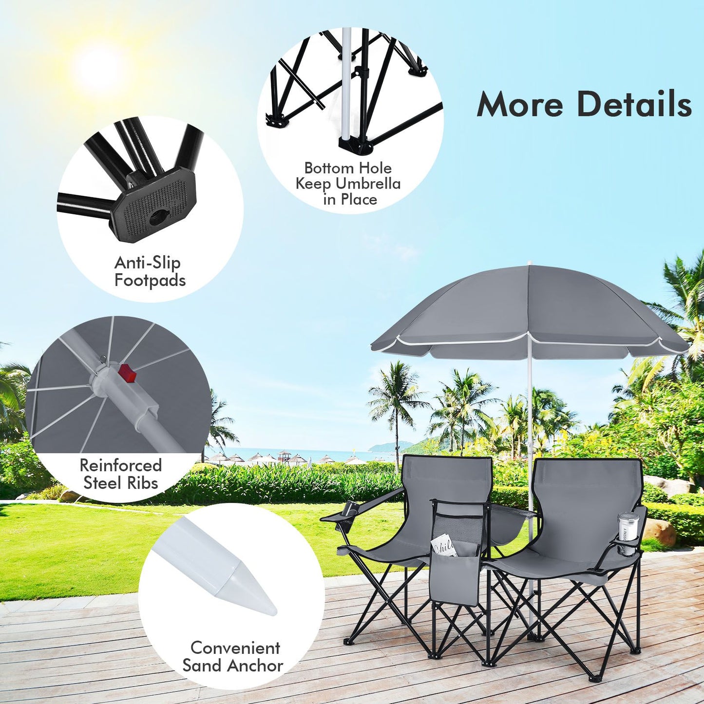 Coast Dubbele Vissersstoel met Parasol - Max. 120 kg - 161 x 55 x 85 cm - Grijs