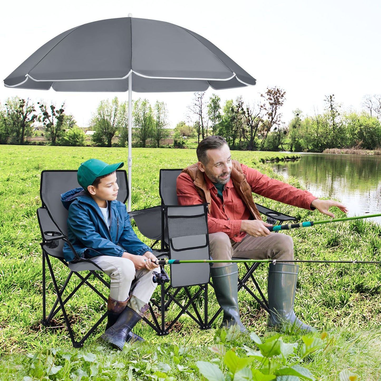 Coast Dubbele Vissersstoel met Parasol - Max. 120 kg - 161 x 55 x 85 cm - Grijs