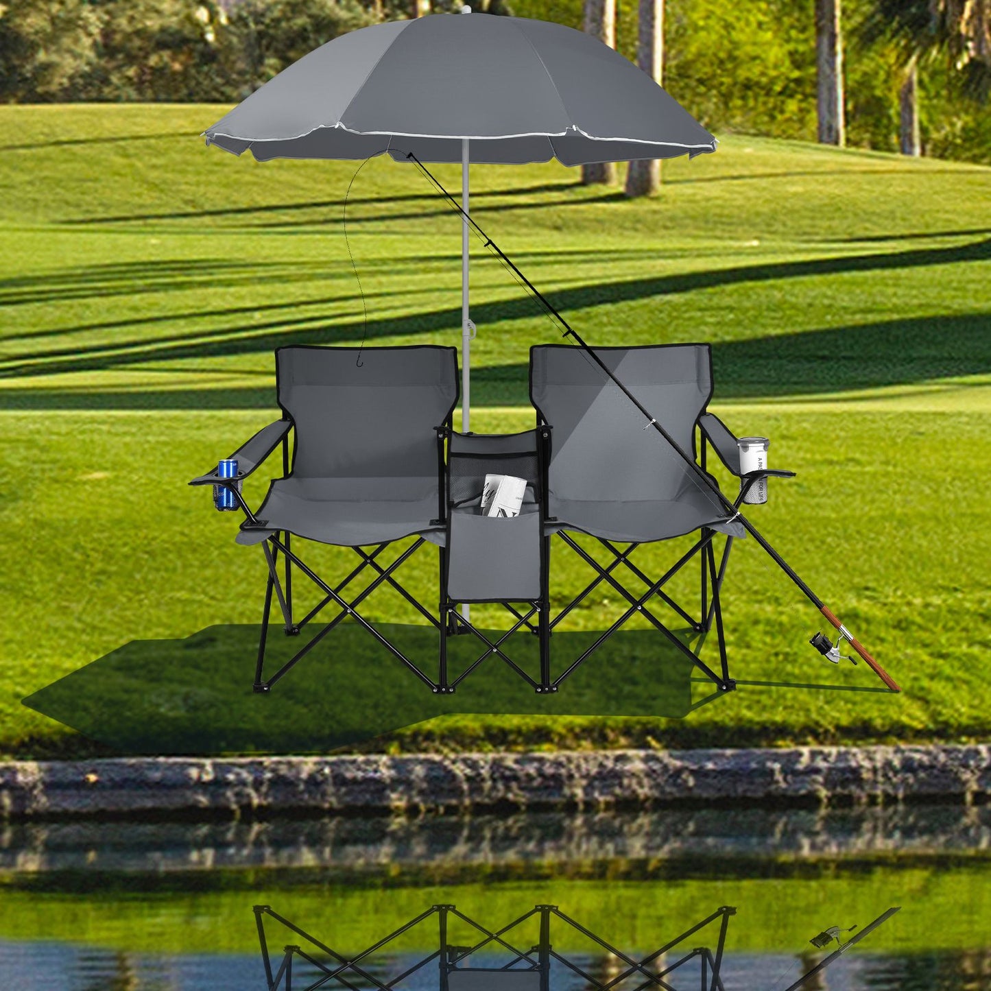 Coast Dubbele Vissersstoel met Parasol - Max. 120 kg - 161 x 55 x 85 cm - Grijs