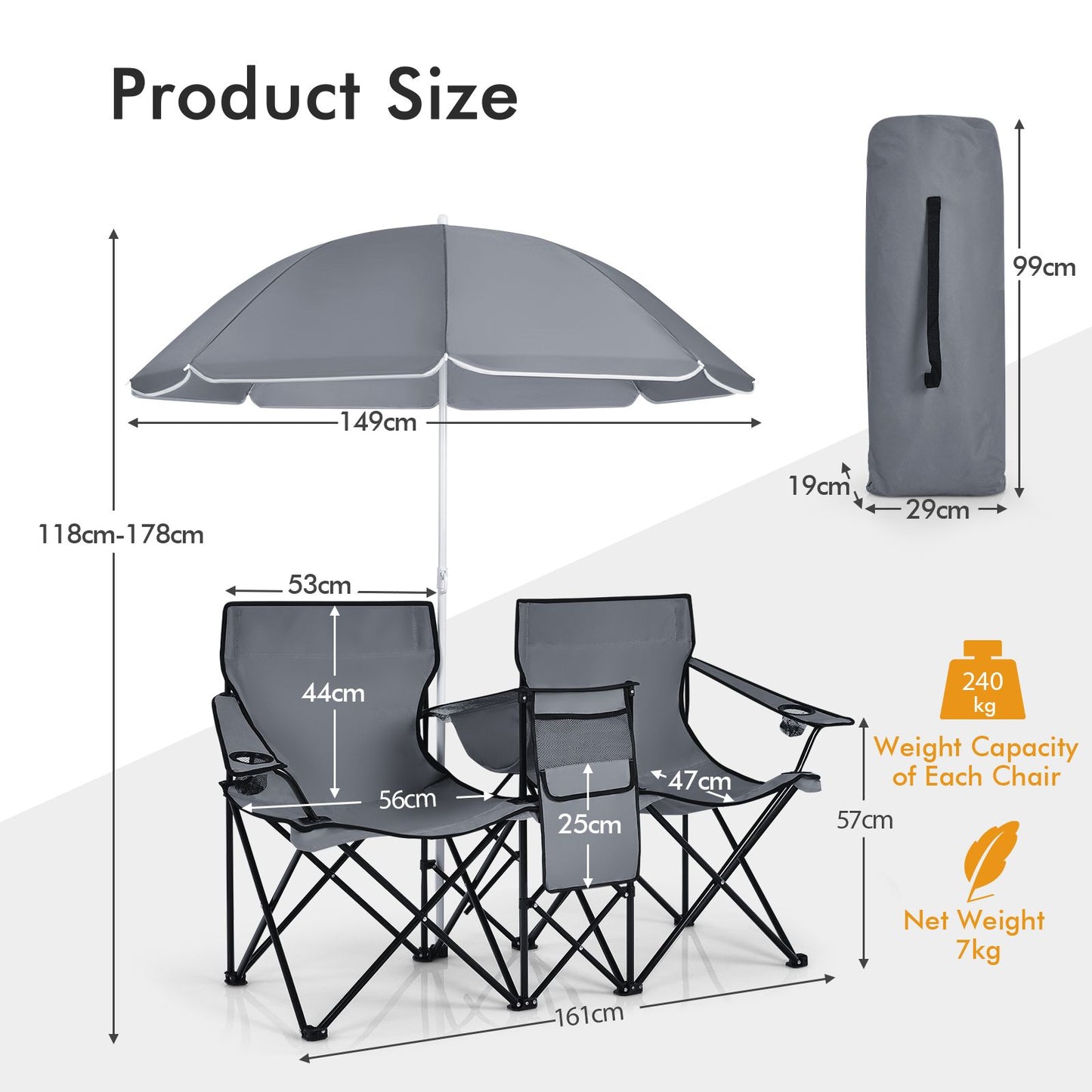 Coast Dubbele Vissersstoel met Parasol - Max. 120 kg - 161 x 55 x 85 cm - Grijs