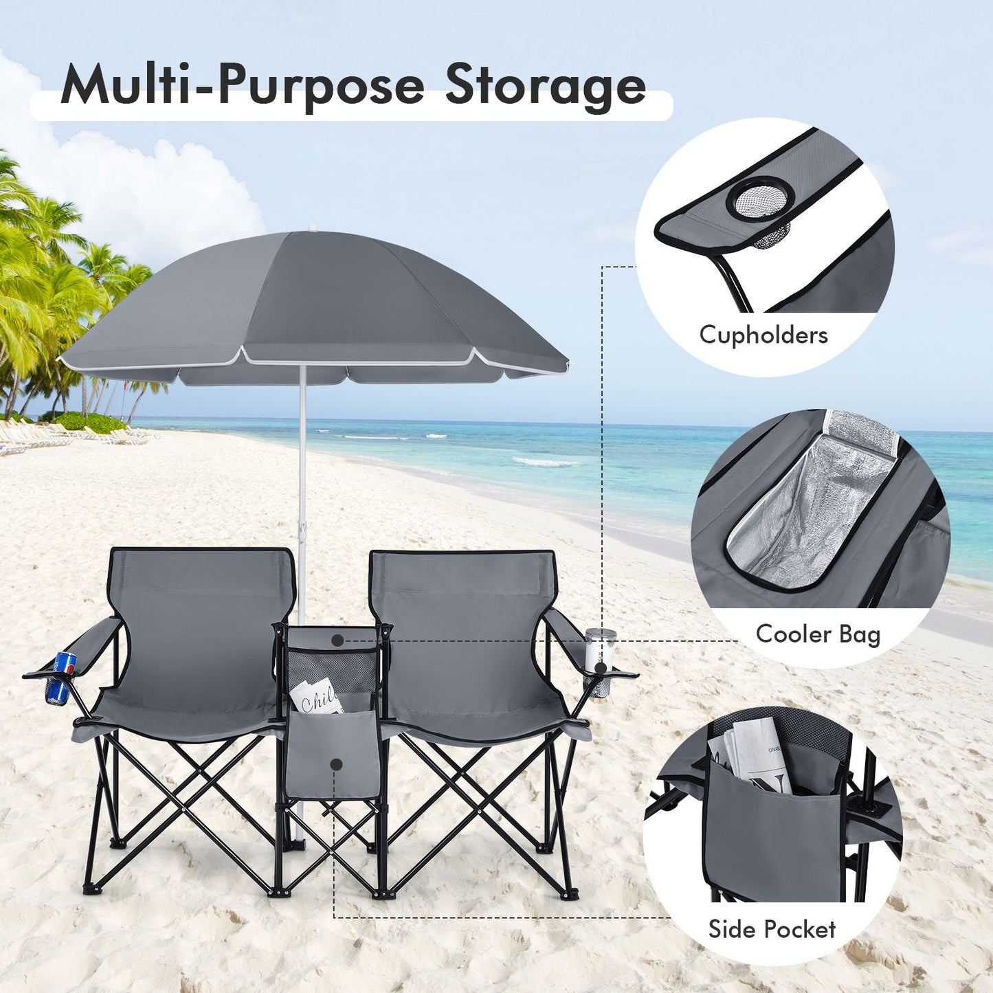 Coast Dubbele Vissersstoel met Parasol - Max. 120 kg - 161 x 55 x 85 cm - Grijs