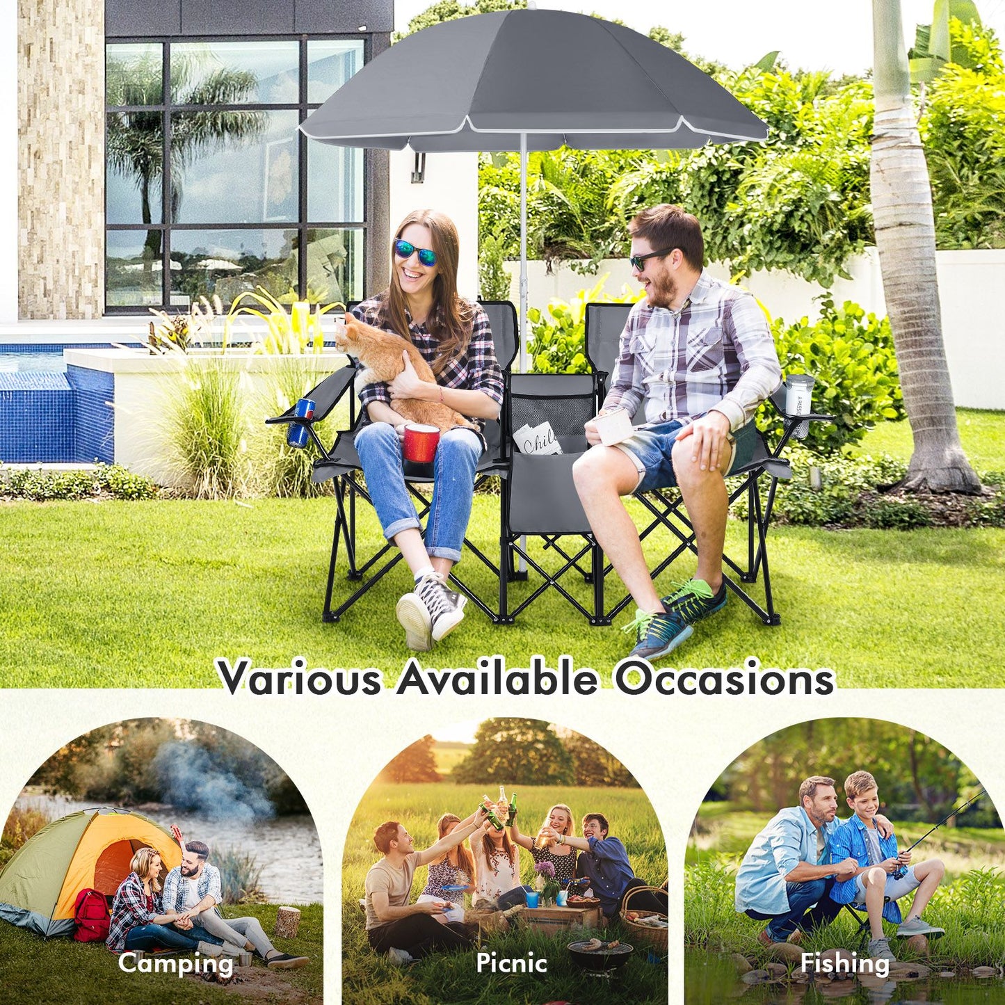 Coast Dubbele Vissersstoel met Parasol - Max. 120 kg - 161 x 55 x 85 cm - Grijs