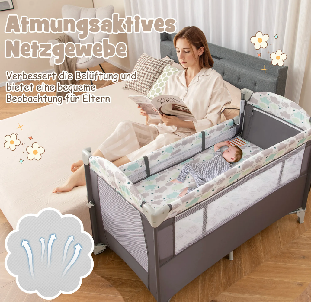 Coast Reiswiegje - 5 In 1 - Opklapbaar - 2 Niveaus - Incl. Matras - 125 x 65 x 76cm - Grijs