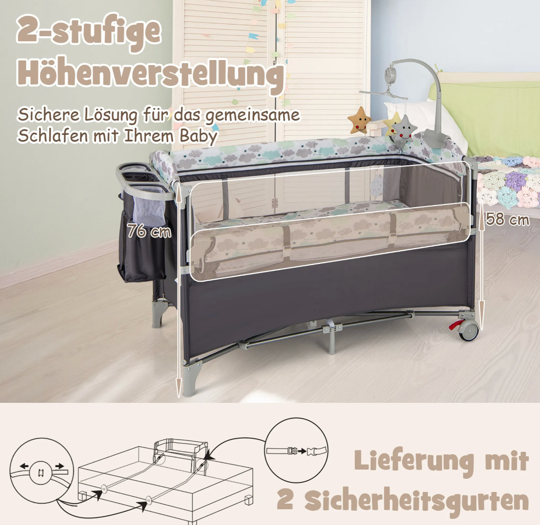 Coast Reiswiegje - 5 In 1 - Opklapbaar - 2 Niveaus - Incl. Matras - 125 x 65 x 76cm - Grijs