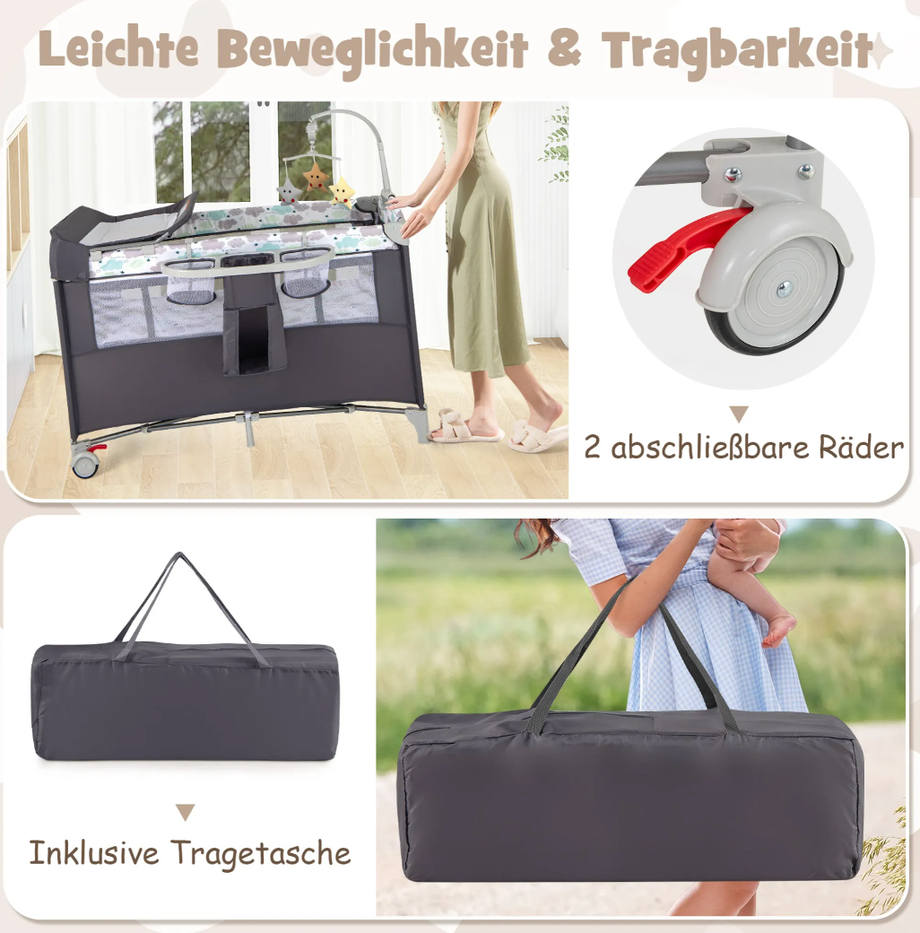 Coast Reiswiegje - 5 In 1 - Opklapbaar - 2 Niveaus - Incl. Matras - 125 x 65 x 76cm - Grijs