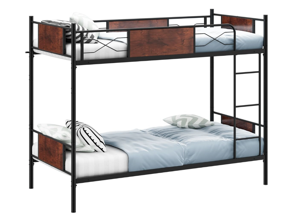 Coast Metalen Stapelbedframe - 2-in-1, Hout-look & 30 cm Veiligheidsreling - L 198 x B 95 x H 156 cm - Metaal/MDF - Zwart/Bruin
